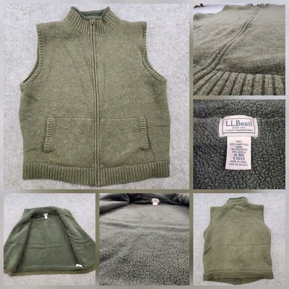 LL Bean Sweater Vest Mens XL Green 100% Lambs Wool Sherpa Fleece Lined Full Zip - Picture 1 of 12